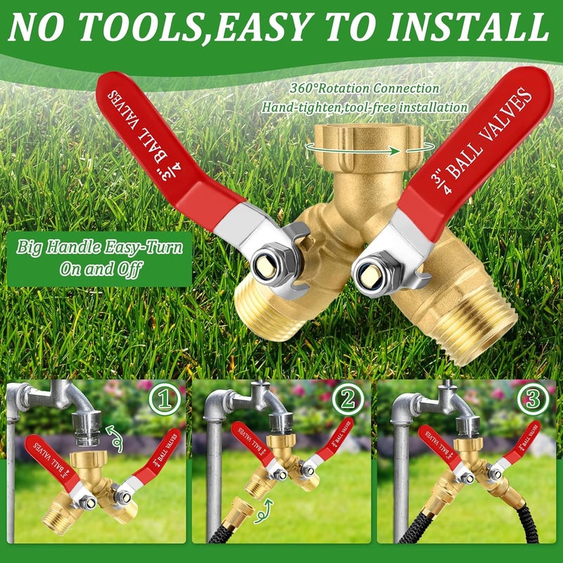 windblowgrass Garden Hose Splitter 2 Way Heavy Duty, Brass Water Hose Splitter with Stainless Steel Long Handle, 3/4 Inch GHT Thread Hose Y Splitter with Shutoff, Faucet Splitter 2 Way with 2 Extra Washers & 1Tape - Image 5